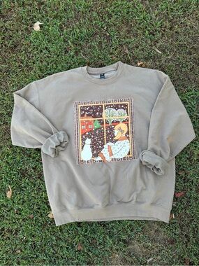 Grandmacore Upcycled Country Fall Girl & Cat Sweatshirt XL